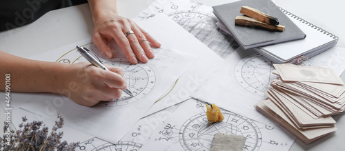 Astrology. Astrologer calculates  natal chart and makes a forecast of fate.Tarot cards, Fortune telling on tarot cards magic crystal, occultism, Esoteric background. Fortune telling,tarot predictions.