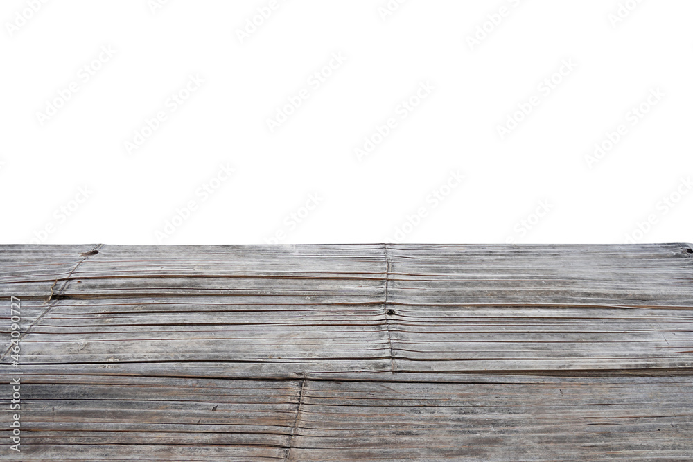 Fototapeta premium Empty bamboo mats tabletop, bamboo balcony isolated on white background for create product display or design key visual layout.