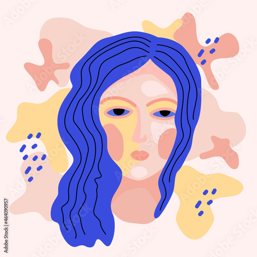 Fashion portraif of an abstract woman. Character concept. Long blue hair. Trendy vector flat memphis illustration modern style. Contemporary poster.