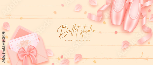Ballet studio banner with realistic ballet pointe shoes fashion pair and envelope on a beige wooden background. Vector illustration of traditional footwear ballerina