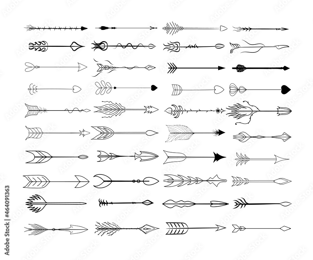 Collection of black and white arrows. Elegant icons for creating tattoos, stickers, cards.