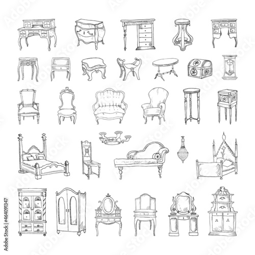 Collection of monochrome illustrations of antique furniture in sketch style. Hand drawings in art ink style. Black and white graphics.