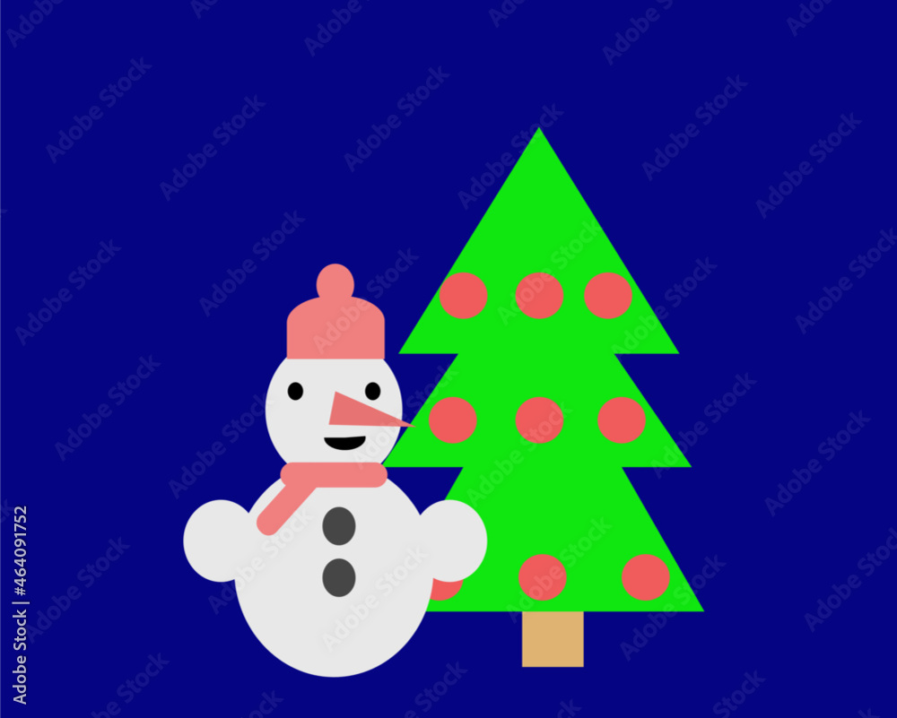 Snowman and decorated Christmas tree on a blue background. The snowman is suitable for the holiday Christmas and New Year Snowman and decorated Christmas tree on a blue background. The snowman is suitable for the holiday Christmas and New Year