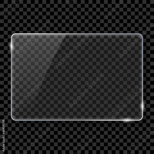 Realistic Silver Rectangle Frame Glass. Glass Plate on Dark Transparent Background. Clear Shiny Frame Glass Texture with Glossy Effect for Decoration and Covering. Isolated Vector Illustration