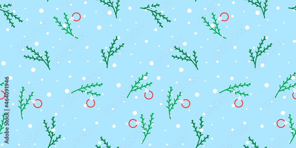 Tree branch with christmas toy and snowflakes seamless pattern. Christmas vector illustration. For wrapping paper, design, postcard, fabric, baby clothes, baby room. Christmas and New Year background.