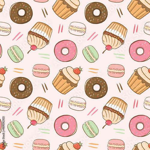 Seamless Pattern with Cupcake, Doughnut and Macaron Illustration Design on Light Pink Background