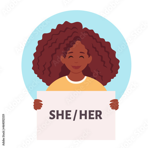 Woman holding sign with gender pronouns. She, he, they, non-binary. Gender-neutral movement. Vector illustration