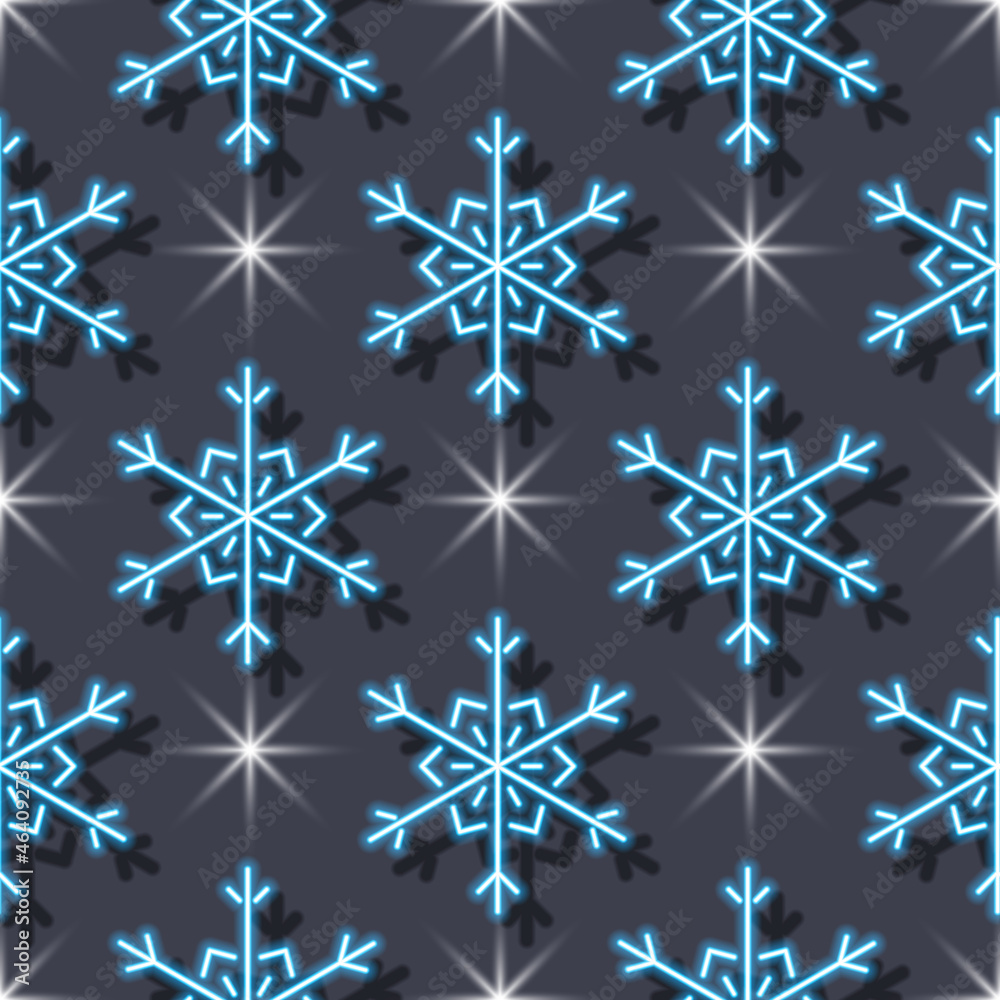 Snowflakes neon seamless pattern. Christmas background vector illustration. For wrapping paper, design, postcard, fabric, baby clothes, baby room. Christmas and New Year concept.