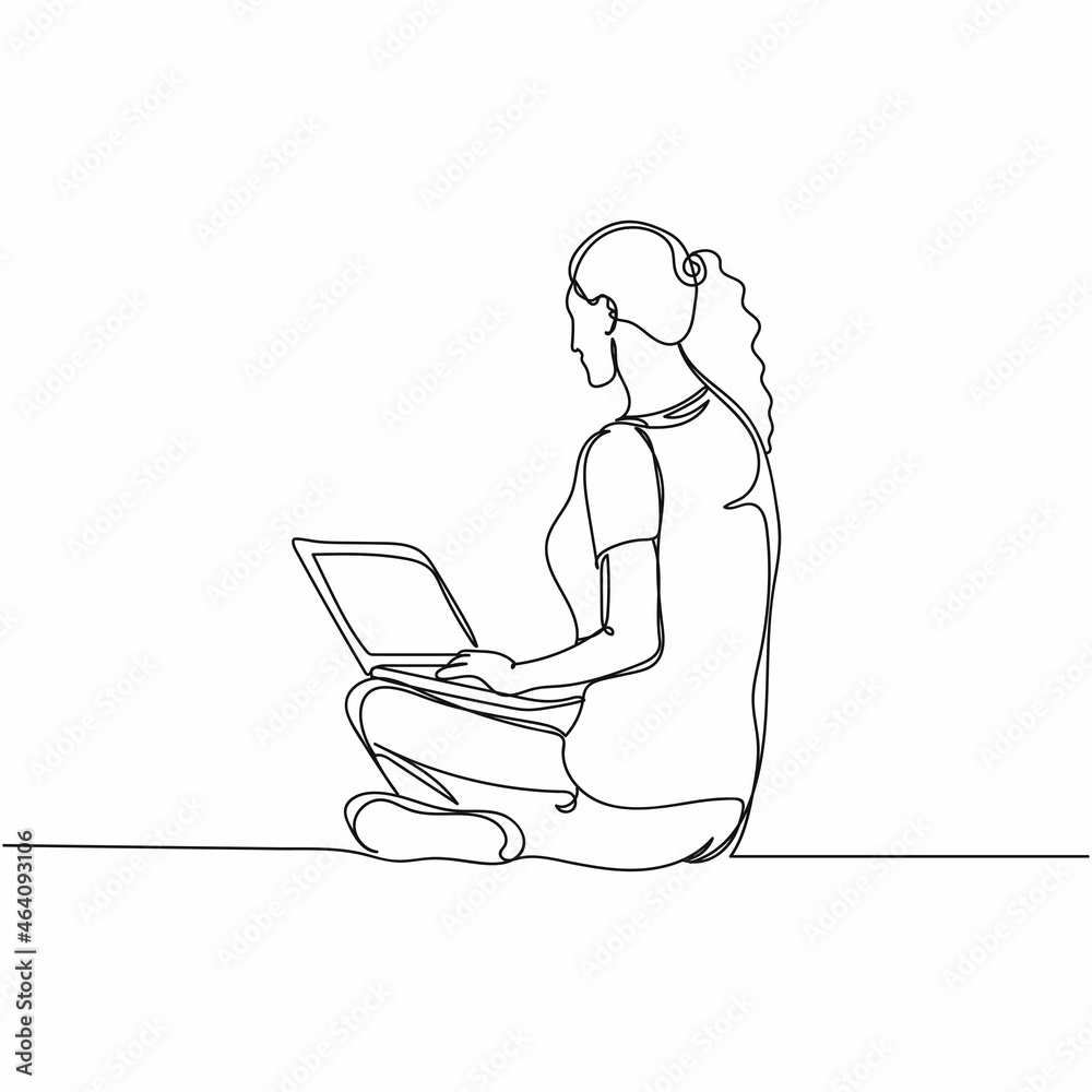 Vector continuous one single line drawing of woman work using laptop in silhouette on a white background. Linear stylized. Vector continuous one single line drawing of woman work using laptop in silhouette on a white background. Linear stylized.