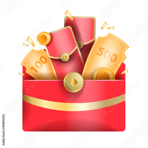 Lucky Chinese red envelope, New Year Asian 3D celebration gold pocket, vector promotion bonus voucher. Festival lunar sale design, traditional oriental coupon poster. Lucky envelope clipart