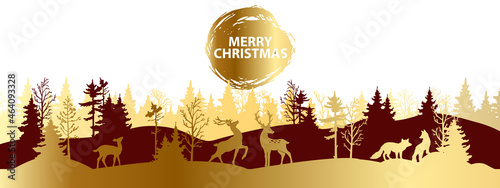 Christmas forest silhouette landscape, vector x-mas winter golden background, reindeer outline. Holiday nature abstract view, panoramic woodland scene, pine tree, wild animals. Christmas forest banner