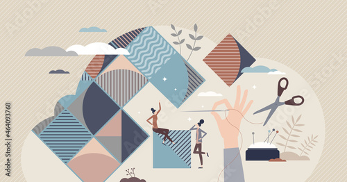 Quilting with needle and thread to join fabric layers together tiny person concept. Patchwork hobby, tailor work or manually embroidered craft textile for clothes and fashion vector illustration.
