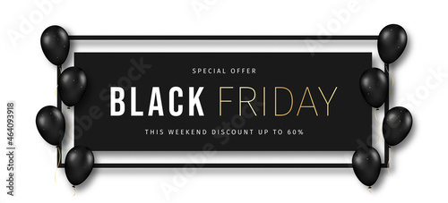 Black Friday banner. Black frame with luxury golden text and flying balloons. Black Friday advertising banner and poster, brochure and flyer design. Vector