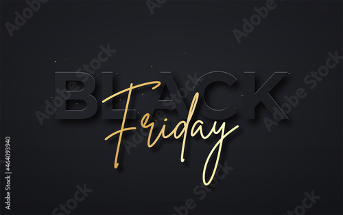 Black Friday background. Black and golden text with glitter and confetti. Luxury dark background. Black Friday advertising banner and poster, brochure and flyer design. Vector