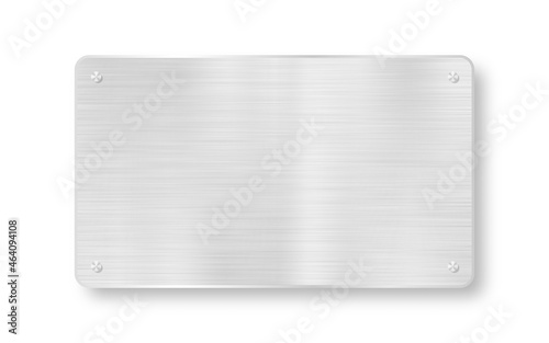 Metal plaque, banner and tag. Metal plate and plaque with realistic steel texture and scratches. Metal background with silver stainless texture. Vector