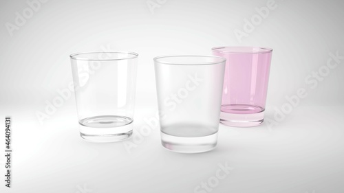 Three empty transparent frosted and color glasses on white background 3D rendering illustration