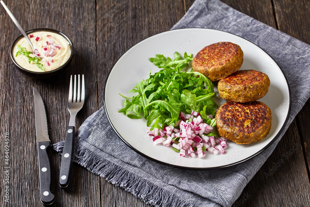 vegan lentil patties with rocket onion salad vegan lentil patties with rocket onion salad