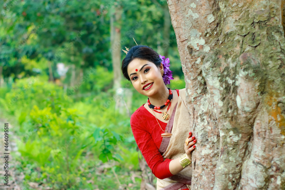 Bihu Young Assamese Girl In Traditional Attire During The Celebration