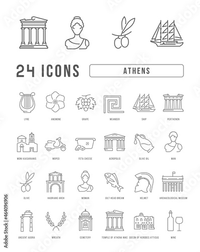 Set of linear icons of Athens