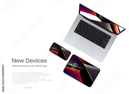 Laptop Computer and Mobile Phone Mockup. Vector. Realistic gadgets. Laptop, tablet PC and mobile phone devices mockup, 3D digital gadgets with blank screen in isometric perspective. Vector photo
