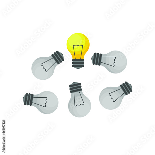 One bright switched on lamp among several extinguished ones. Concept: choosing an idea, solving a problem, unique among the mediocre. Vector illustration, flat cartoon color minimal design isolated.