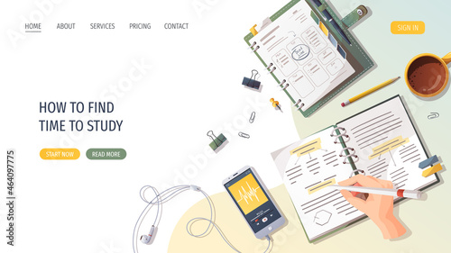 Notebook, diary, phone and study supplies. Studying, education, learning, back to school, student, stationery concept. Vector illustration for poster, banner, website, advertising.