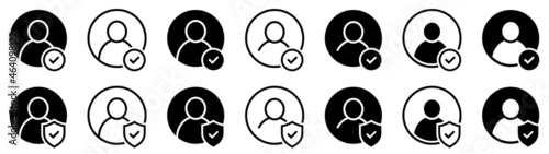Set of user accept icons. Profile with checkmark icon. Avatar check symbol. Account sign. Shield with person silhouette in circle. Authentication security. Privacy vector.