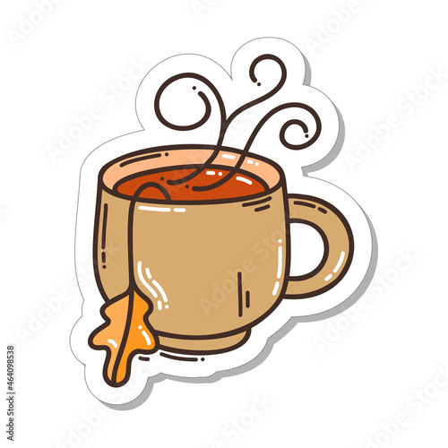 Colorful hand-drawn hygge sticker with a cup of hot tea in doodle style isolated on white background. Cute vector for seasonal decoration.