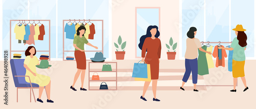 Women choosing clothes. Female shoppers in clothing store creating image. Fashion, trendy. People swapping stuff, shoes, accessories. Cartoon flat vector illustration isolated on white background