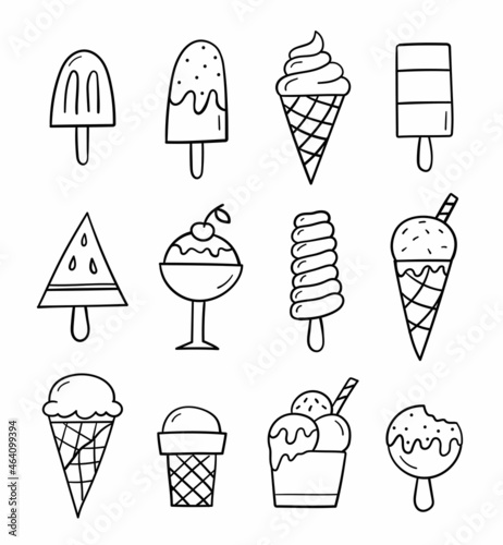 Set of hand drawn doodle ice cream. Sketch style. Sundaes with different tastes. Vector linear illustration.