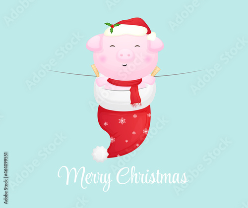 Cute piggy with santa hat for merry christmas illustration Premium Vector