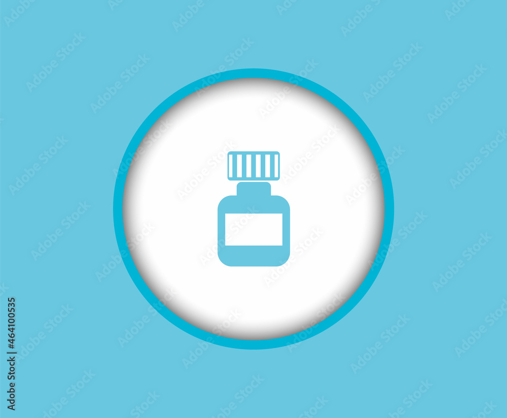 Medical button template on a blue background with a plastic jar for medicines, pills, tabs. Medical button template on a blue background with a plastic jar for medicines, pills, tabs.