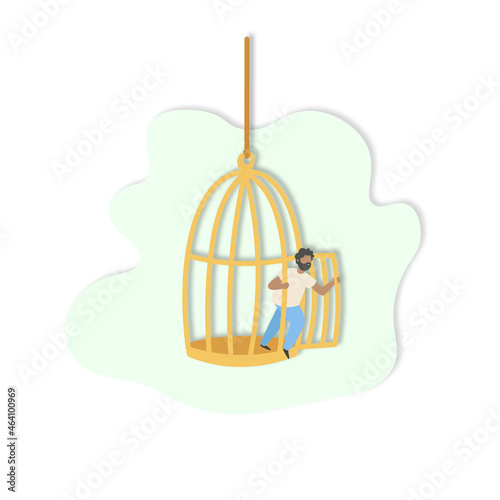 A young brown-skinned man steps out of the cage. Concept of freedom and opening up new opportunities. Illustration of freedom.