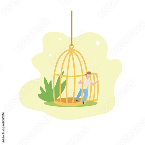 A young white man steps out of the cage. Concept of freedom and opening up new opportunities. Illustration of freedom.