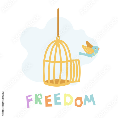 A cute childish bird flies out of the cage. Concept of freedom and opening up new opportunities. Illustration of freedom.