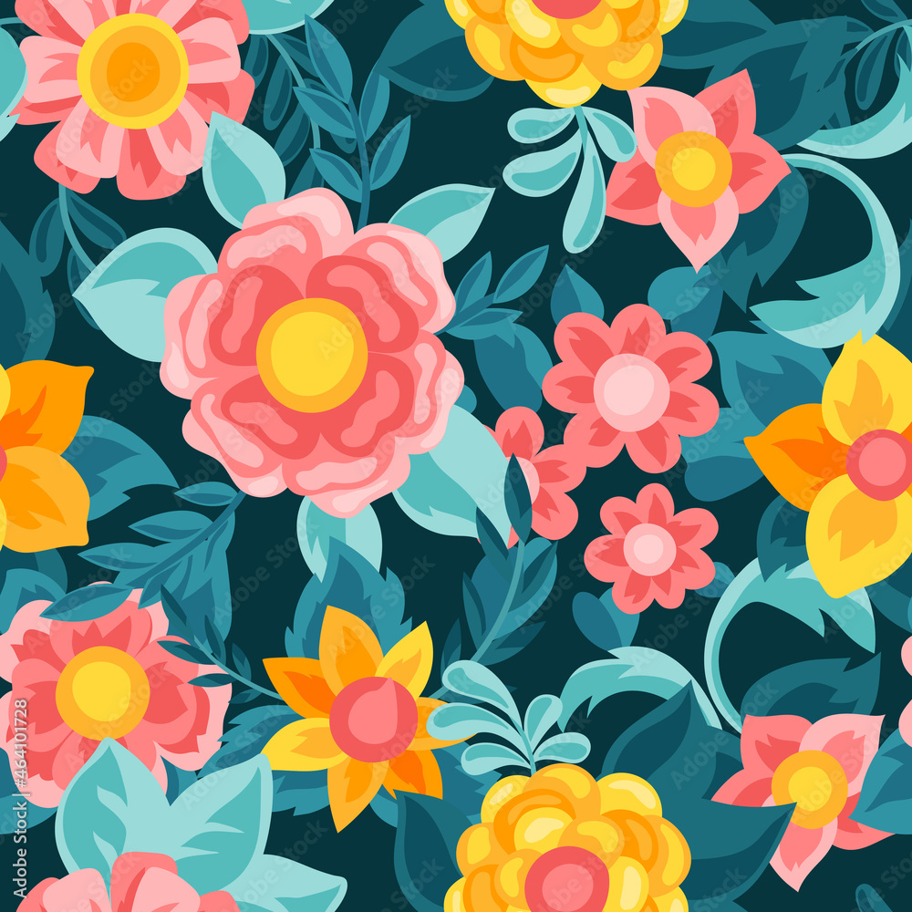 Seamless pattern with pretty flowers. Beautiful decorative natural buds and leaves.