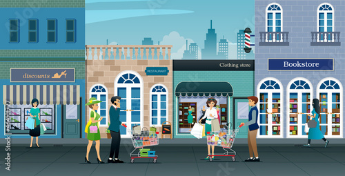 Male and female customers shop at the department store.