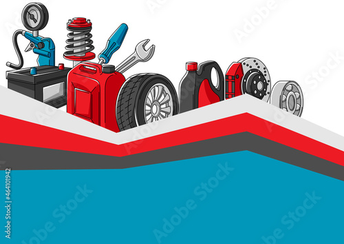 Car service illustration. Auto center repair concept for advertising with transport items.