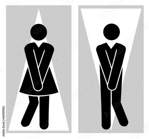 Toilet pictograms for girls and boys. Funny toilet couple signs, desperate pissing women man toilet symbols, funny bathroom door signs, public restroom humor urgent vector silhouettes