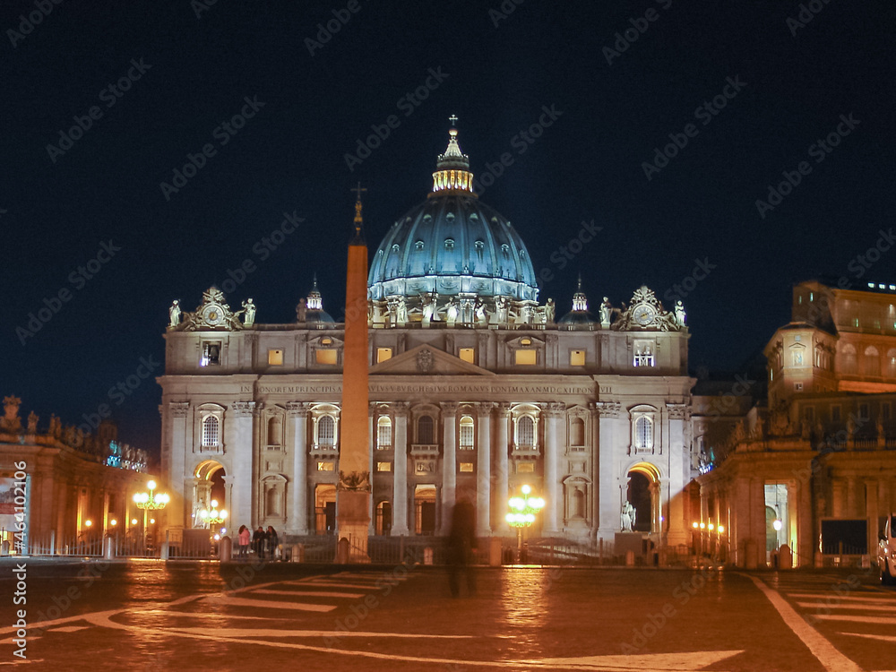 Night view of The Papal Basilica of Saint Peter in the Vatican