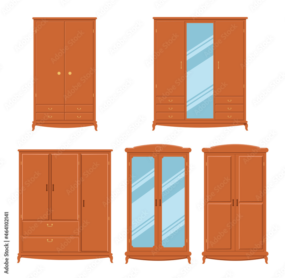 Set of cabinets. Hallways, wardrobes, Storage of clothes. Cozy home furniture. Vector cartoon set of brown closets for clothes and shoes storage, wood storing furniture with doors and drawers Set of cabinets. Hallways, wardrobes, Storage of clothes. Cozy home furniture. Vector cartoon set of brown closets for clothes and shoes storage, wood storing furniture with doors and drawers
