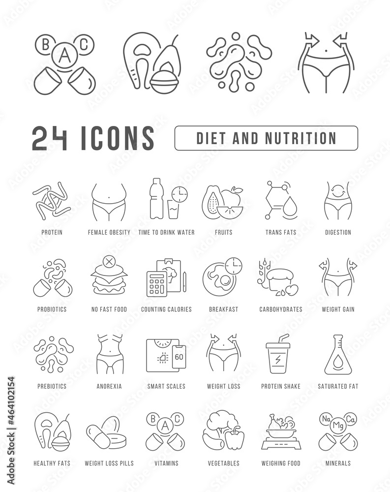 Diet and Nutrition. Collection of perfectly thin icons for web design, app, and the most modern projects. The kit of signs for category Medicine.