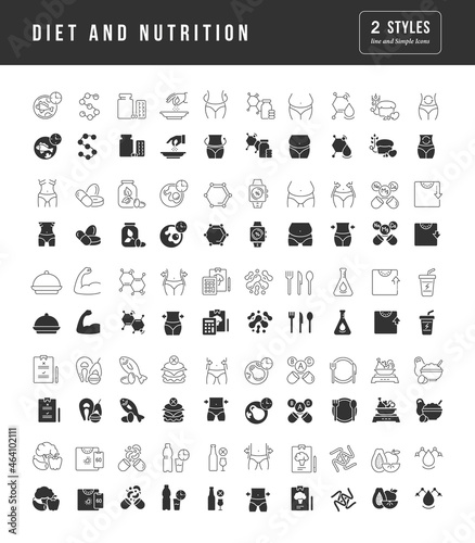 Diet and Nutrition. Collection of perfectly simple monochrome icons for web design, app, and the most modern projects. Universal pack of classical signs for category Medicine.