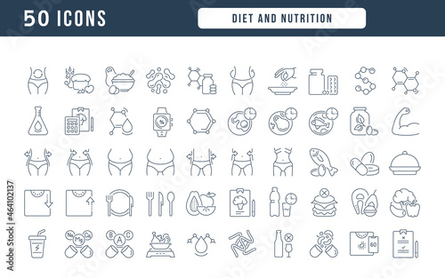 Diet and Nutrition. Collection of perfectly thin icons for web design, app, and the most modern projects. The kit of signs for category Medicine. © M.Style