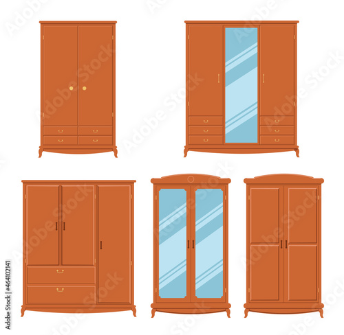 Set of cabinets. Hallways, wardrobes, Storage of clothes. Cozy home furniture. Vector cartoon set of brown closets for clothes and shoes storage, wood storing furniture with doors and drawers