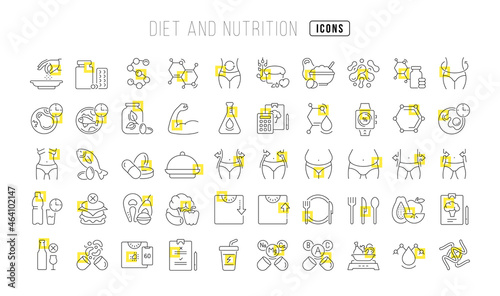 Diet and Nutrition. Collection of perfectly thin icons for web design  app  and the most modern projects. The kit of signs for category Medicine.