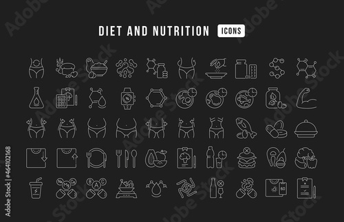 Diet and Nutrition. Collection of perfectly thin icons for web design, app, and the most modern projects. The kit of signs for category Medicine.