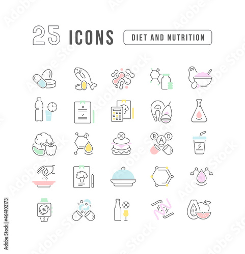 Diet and Nutrition. Collection of perfectly thin icons for web design, app, and the most modern projects. The kit of signs for category Medicine.
