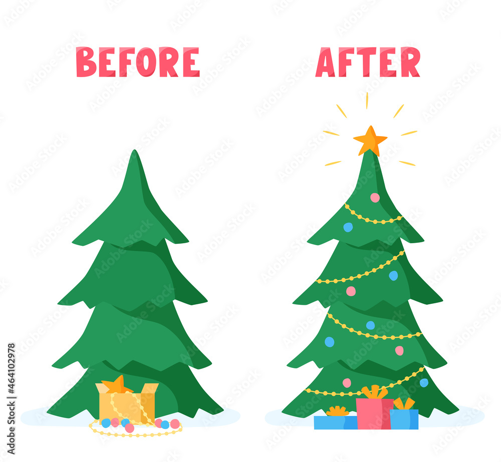 Christmas tree before and after decorating with balls, beads, garlands. Preparing for holiday celebration. Vector illustration in flat style. Christmas tree before and after decorating with balls, beads, garlands. Preparing for holiday celebration. Vector illustration in flat style.