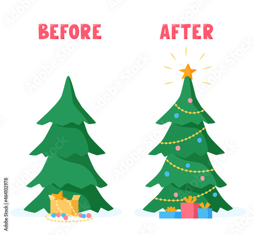 Christmas tree before and after decorating with balls, beads, garlands. Preparing for holiday celebration. Vector illustration in flat style.